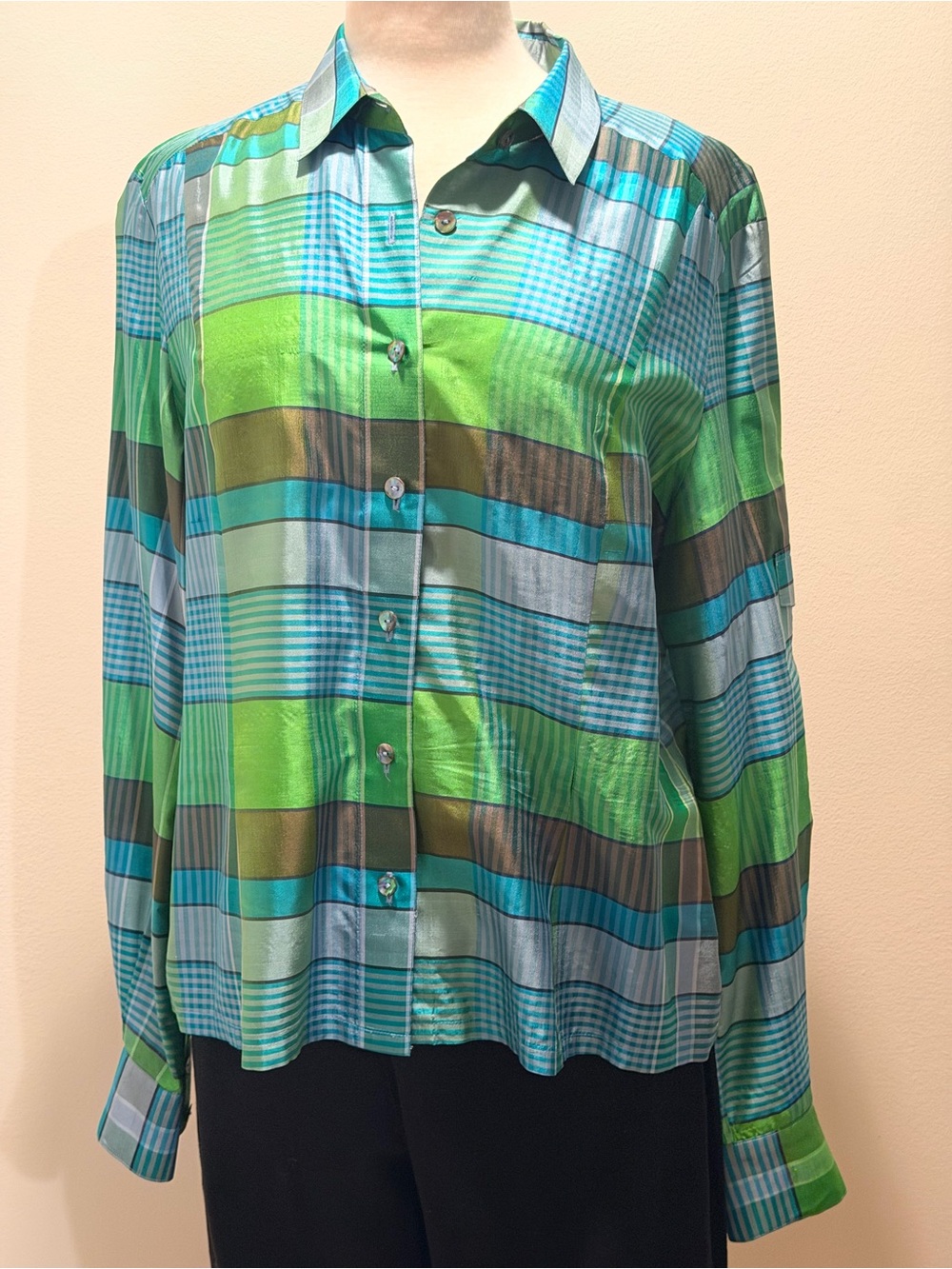Dana Buchman Green and Blue Plaid Button-Down Shirt